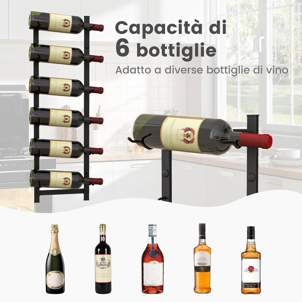 Portabottiglie Vino da Parete, Cantinetta Vino da Parete, Porta Bottiglie di Vino da Parete in Metallo per Cucina, Sala da Pranzo, Cantina, Bar, per 6 Bottiglie