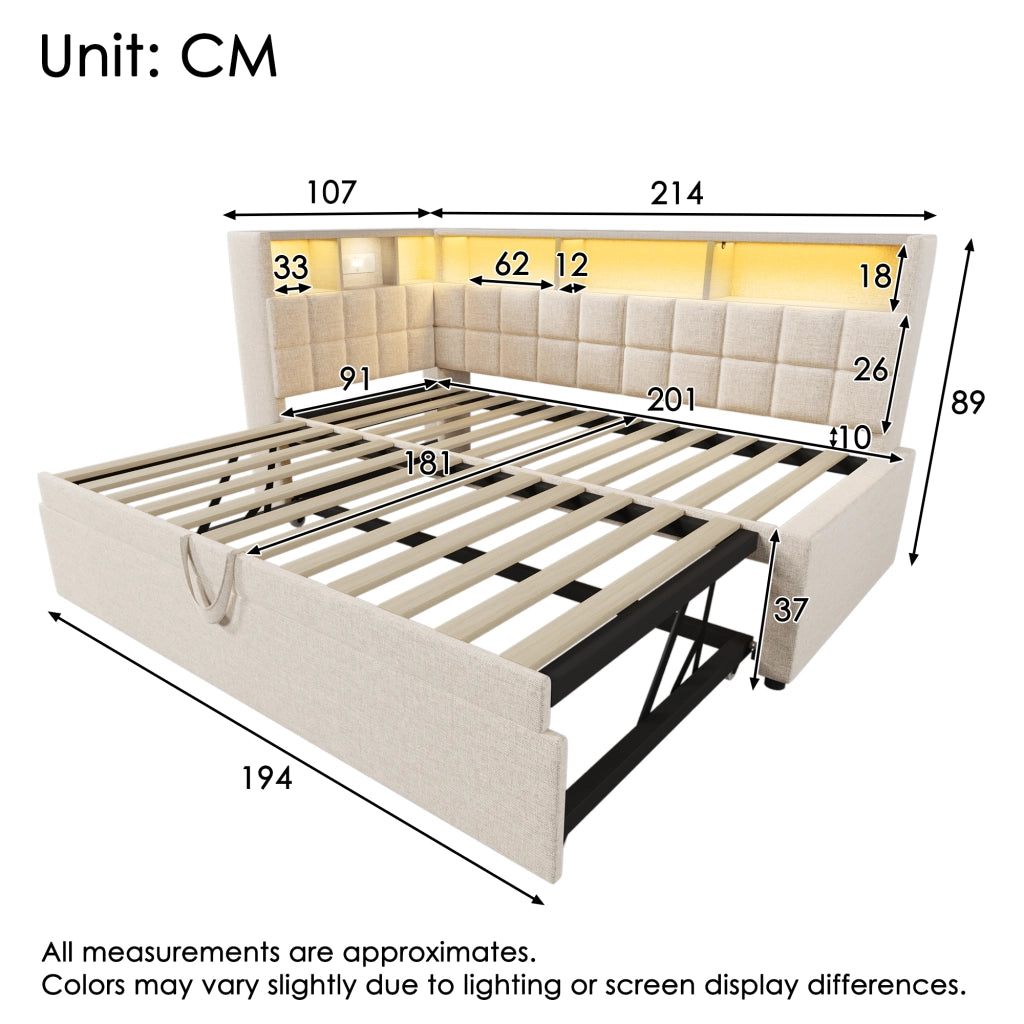 Letto Estraibile 90x200 cm; USB; Type-C; Bluetooth e LED Regolabile - Beige