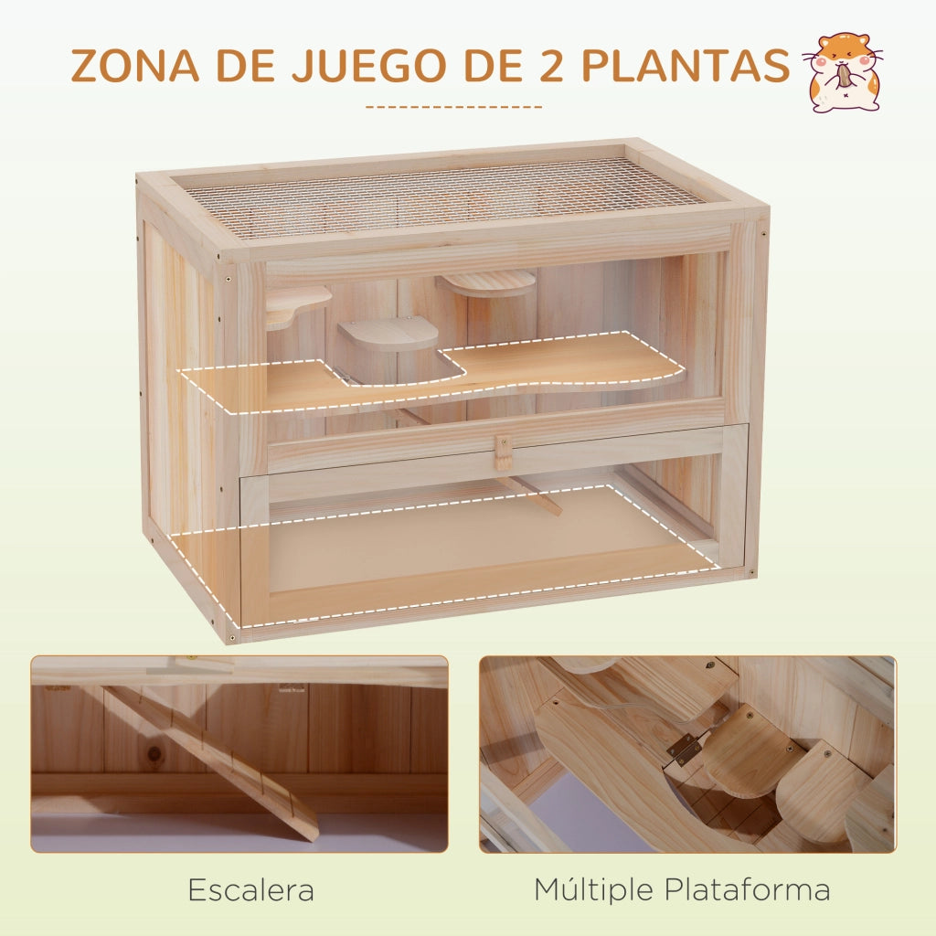 Gabbia per Criceti 2 Livelli con Piattaforme e Scala ¨C Minimal ¨C 60x35x42 cm Legno Naturale