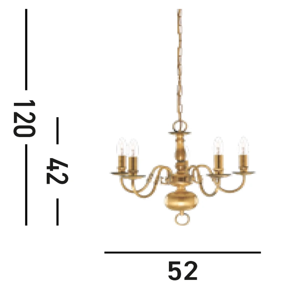 Lampadario Classico Fiammingo Ottone 5 Luci E14