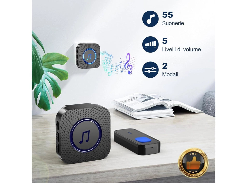 Campanello Senza Fili SURFOU da Esterno Interno Impermeabile con Ricevitori Spina Casa Wireless Pulsante a Lunga Distanza di 400m 55 Suonerie 5 Volumi Indicatore LED