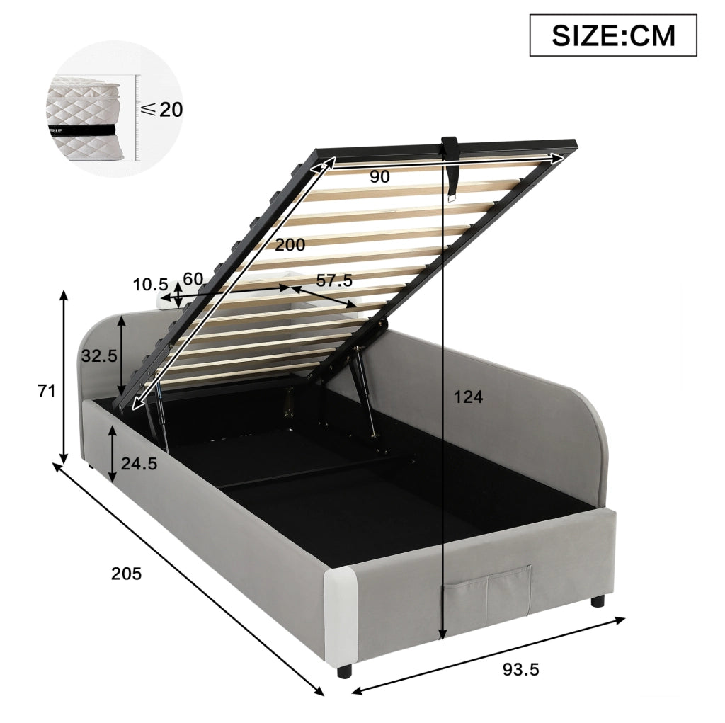 Letto imbottito 90x200 cm con contenitore idraulico in velluto e compensato