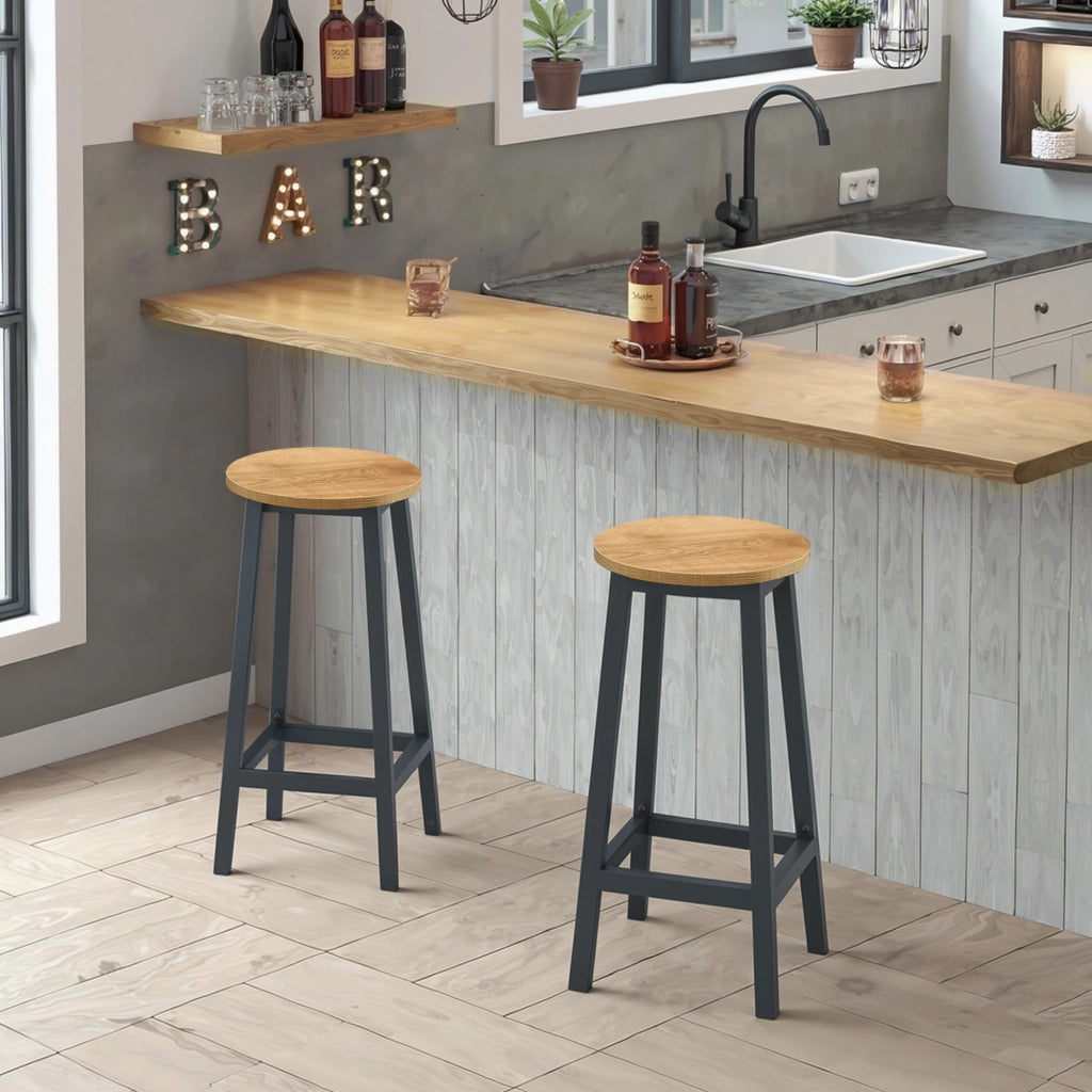 Sgabello da bar da cucina VALORA - Elegante sgabello rotondo in rovere con gambe nere
