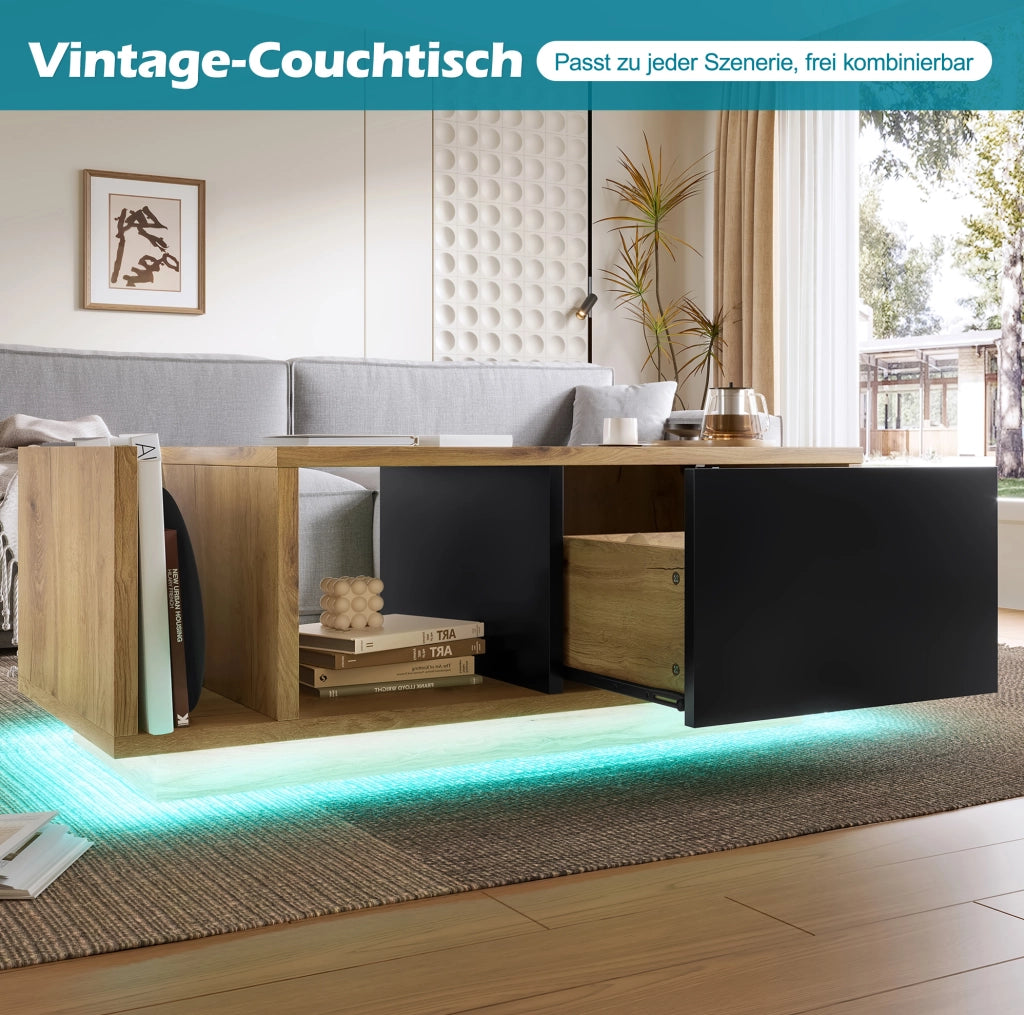 Tavolino contenitore retro con LED 99;5x53x38 cm in legno ingegnerizzato e metallo; naturale