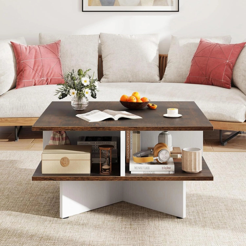 Tavolino quadrato a 2 livelli, tavolino da caffè in legno con 4 scomparti aperti e base a forma di X, 60 x 60 x 33 cm, tavolino per soggiorno, ufficio (marrone+bianco)