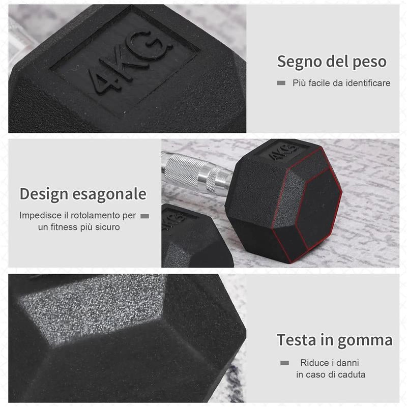 SET DI 2 MANUBRI DA 4 KG ESAGONALI CON PRESA ANTISCIVOLO E RIVESTIMENTO IN GOMMA NERO