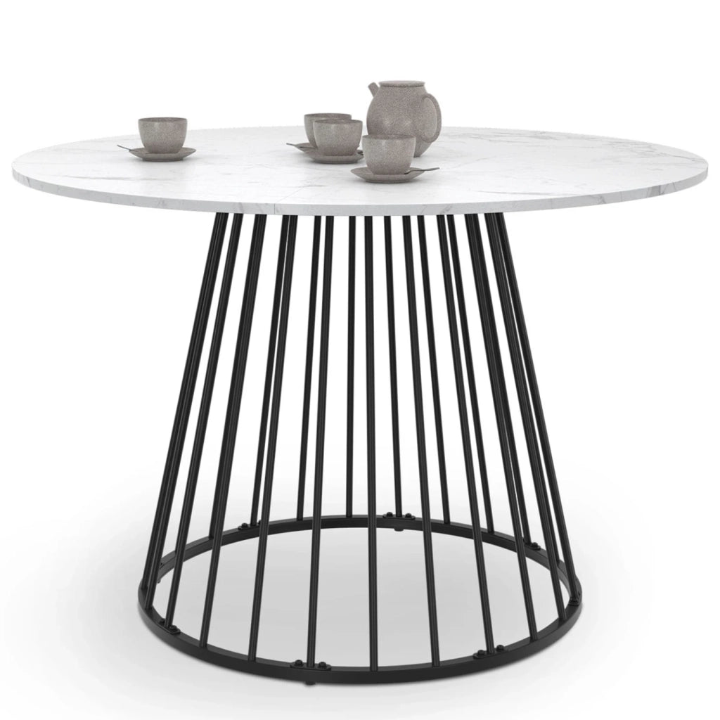IDMarket - Tavolo da pranzo rotondo YUNA 6 persone con piano in marmo bianco ALASKA e gamba in filo metallico nero 110 cm