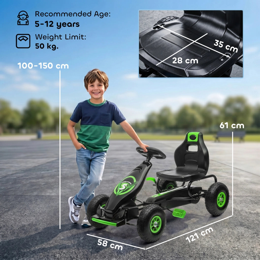 Go Kart a Pedali per Bambini 5-12 Anni con Sedile Regolabile. in Metallo e PP 121x58x61 cm. Verde e Nero