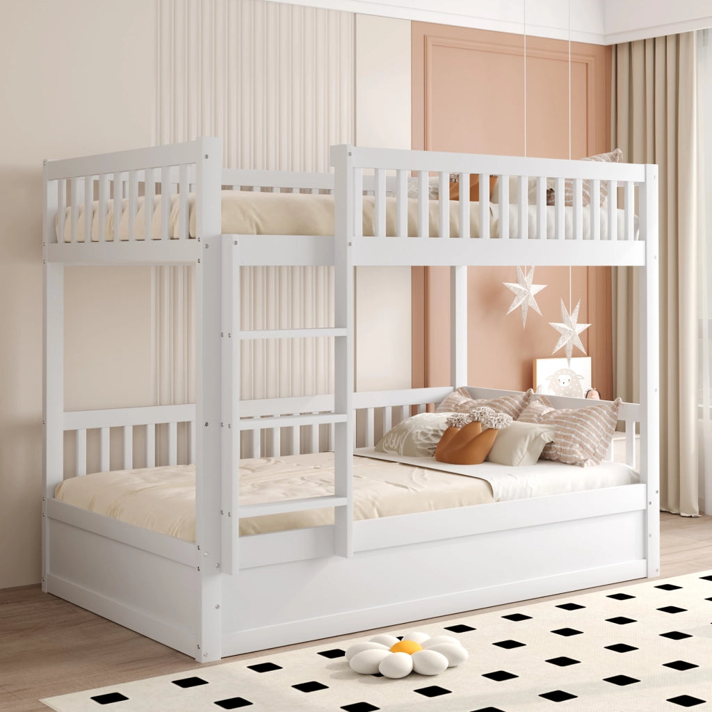 Letto a Castello 90x200 cm con Contenitore Idraulico; Scala di Sicurezza in Legno Bianco
