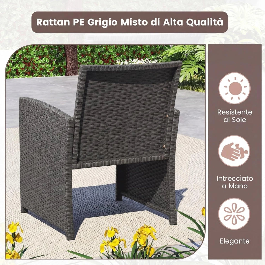 Set Salotto da Giardino 4 Pezzi, Divanetto e Poltrone in Rattan con Tavolino da Caffè in Vetro Temperato, Set di Mobili da Esterno Imbottiti per Cortile, Veranda e Bordo Piscina (Grigio)