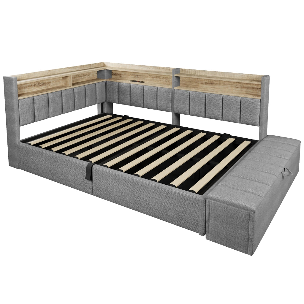 Letto contenitore 140x200 in velluto grigio con luce LED RGB e USB