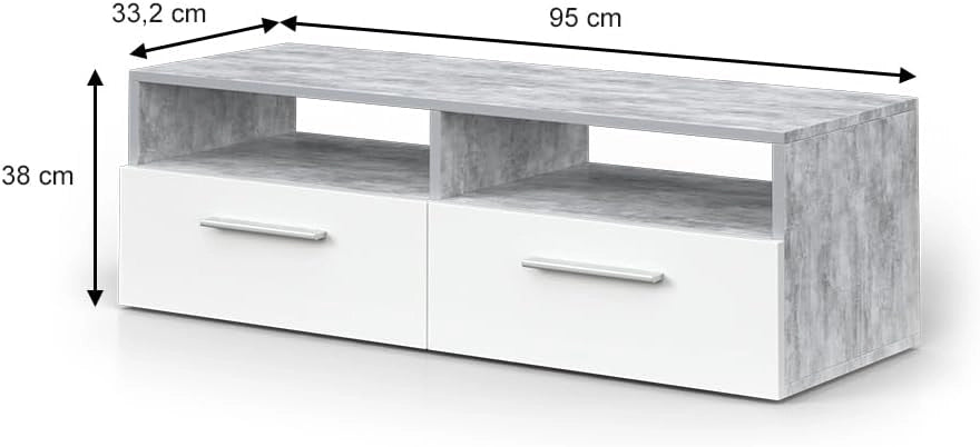 Mobile tv Diego, Calcestruzzo, 190 x 38 cm, adatto come supporto TV con ripiani aperti