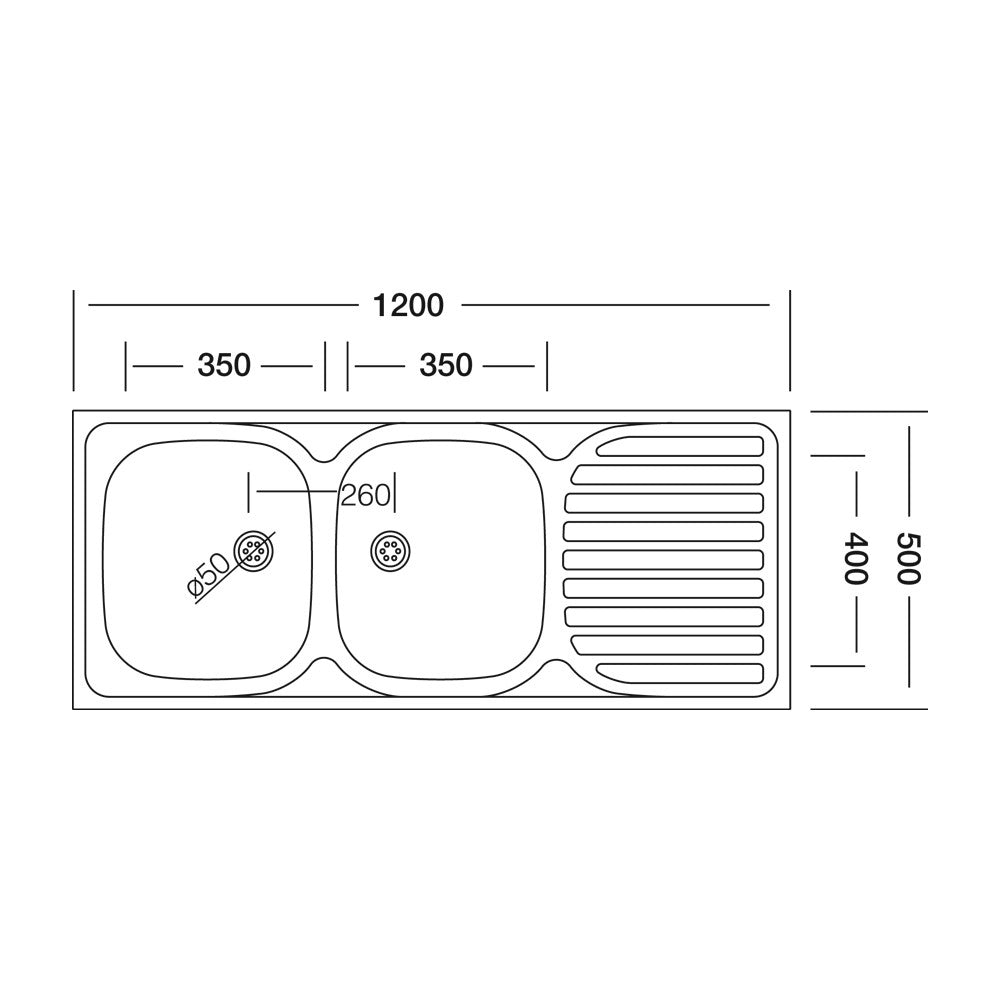 Lavello cucina acciaio appoggio 120x50 cm doppia vasca e gocciolatoio destro SA127DX