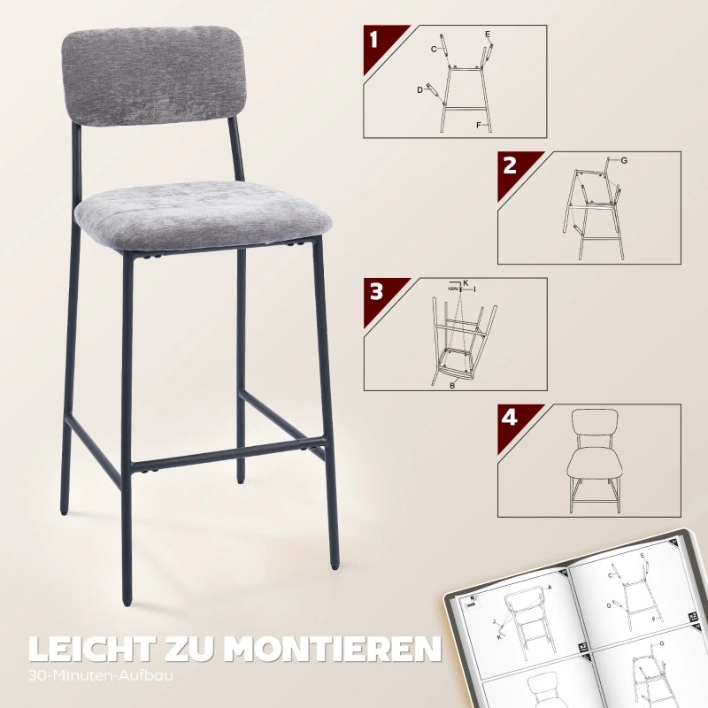 SGABELLO BAR Imbottito 45,5x48x101 cm Chenille Grigio Set da 2 pezzi