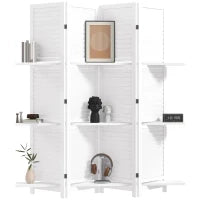 Paravento Interno a 4 Pannelli 160L x 170H cm 3, Ripiani Pieghevoli, Separatore per Interni, Porte a Persiana, in Legno, Bianco