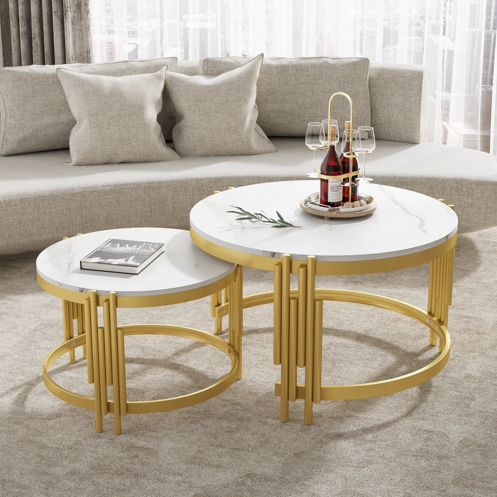 Set di tavolini da salotto 71.5x71.5x44 cm; impilabile; effetto marmo; MDF e metallo; ottone antico e bianco