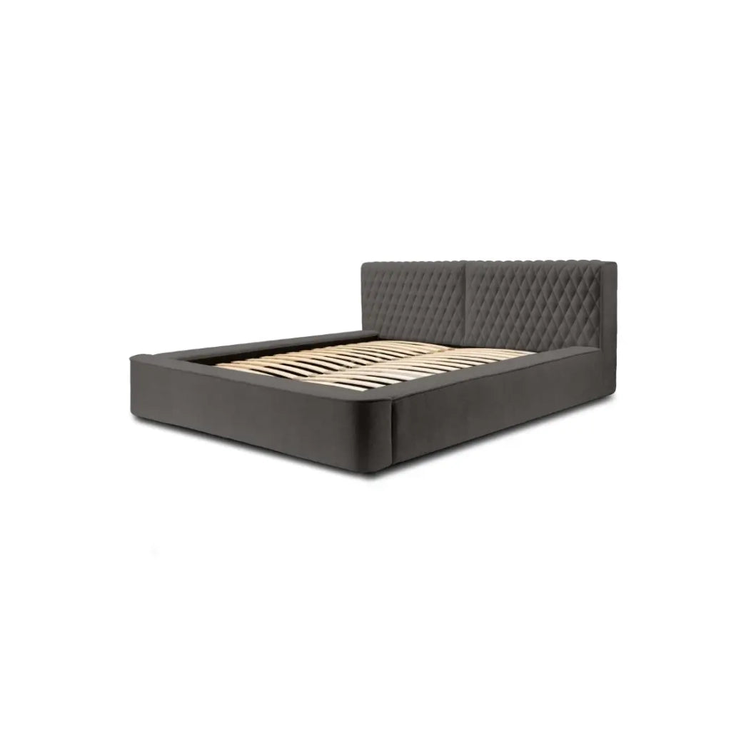 Lit coffre VERNON – Tessuto bouclé di ciniglia Antracite profondo – 140x200 cm – Rete a doghe sollevabile – Design di alta gamma