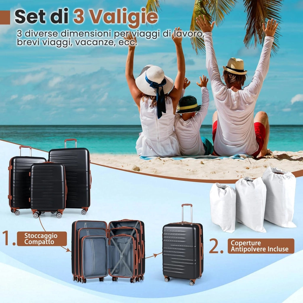 Set di Valigie Rigide 3 Pezzi, Set Valigia da Viaggio in ABS con TSA Lucchetto, Manico Telescopico in Alluminio e Ruote Piroettanti, 20", 24", 28" (Nero)