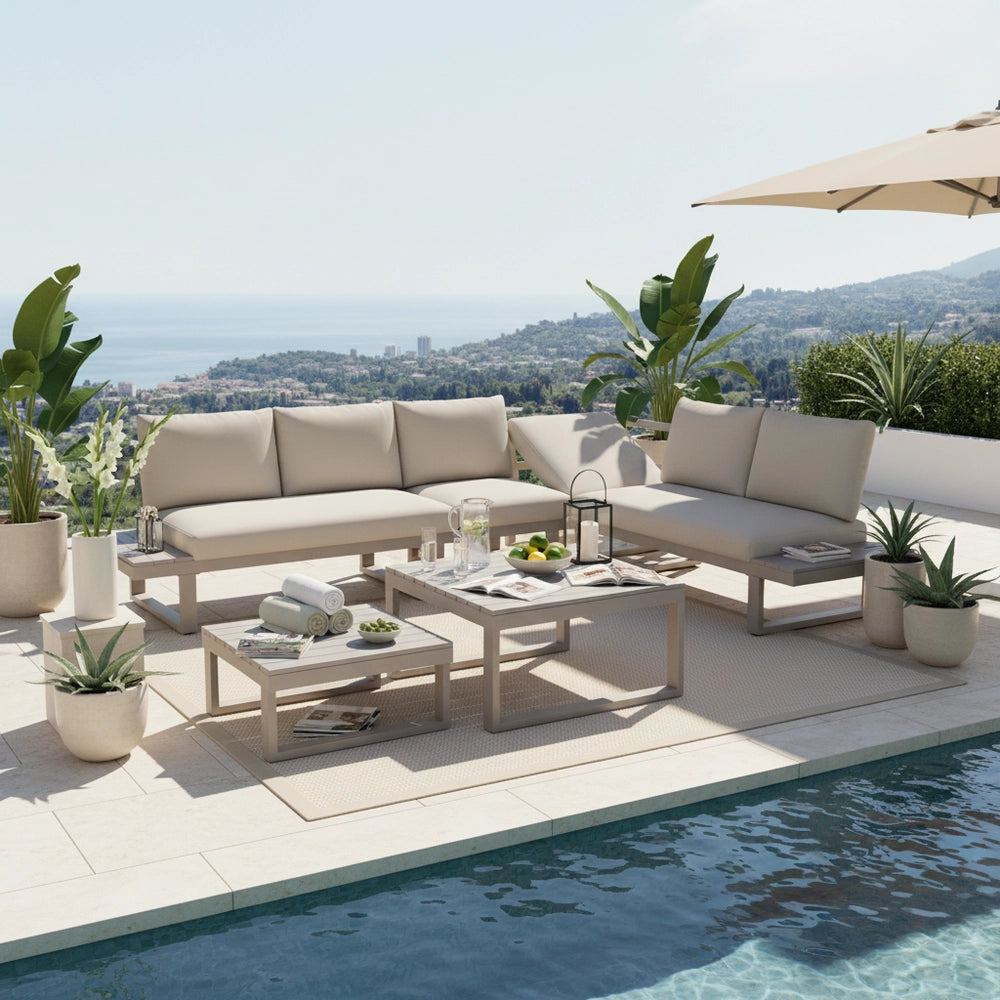 Set Divano da Giardino Angolare con Tavolini ¨C Xylo ¨C Beige, Acciaio Zincato