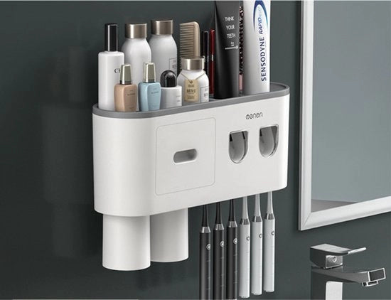 Sistema di conservazione di spazzolini da denti - Magnetico - Comparto di conservazione - Pannello da bagno - Sistema di conservazione di spazzolini da denti - Grigio 2 tazze