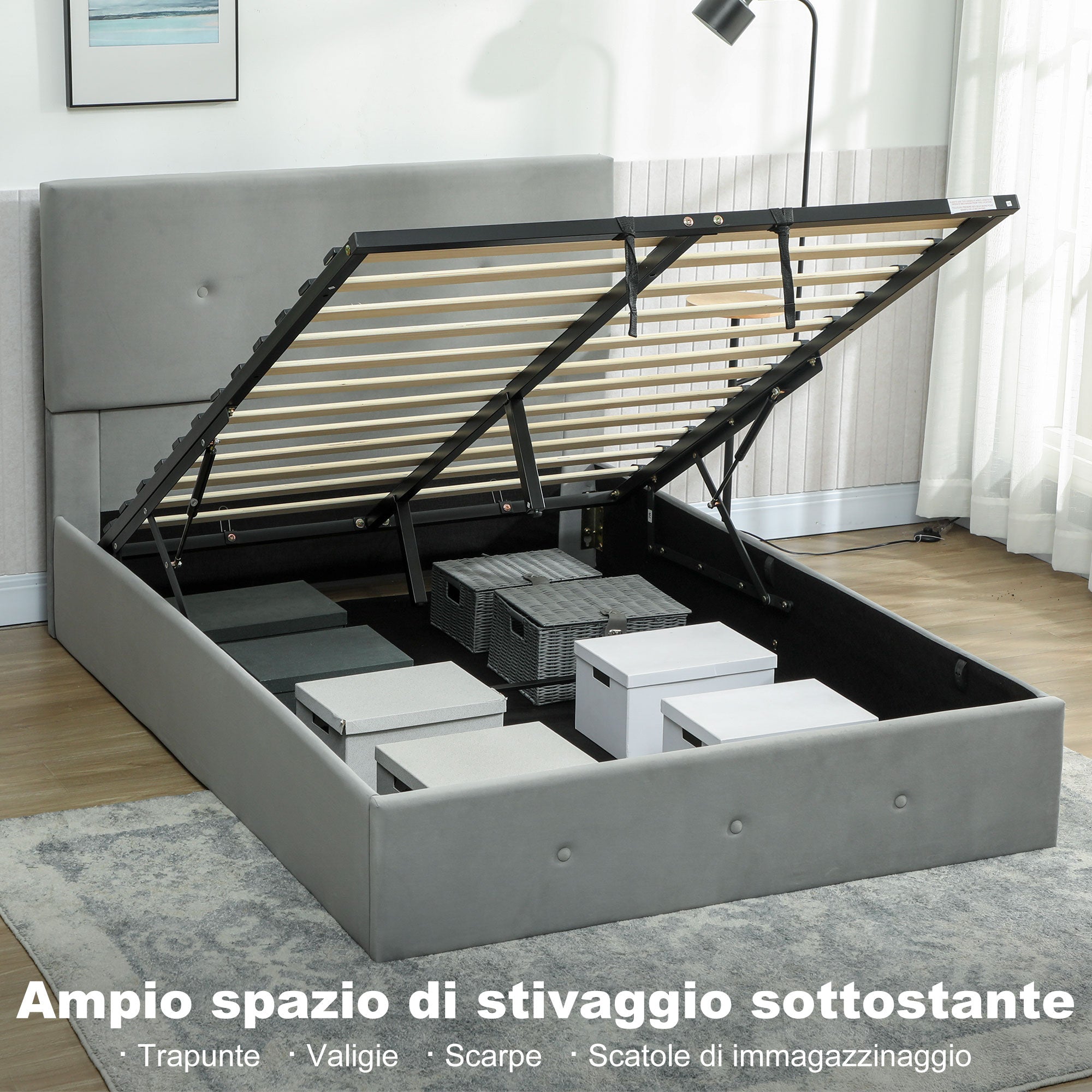 Letto a 1 Piazza e Mezza Contenitore 195x141x106 cm con Spazio a Scomparsa e Testiera Vellutata a Trapunta in Legno e