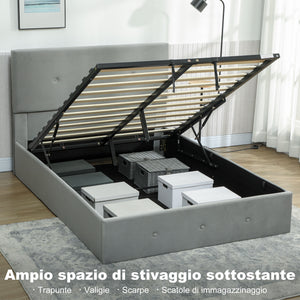 Letto a 1 Piazza e Mezza Contenitore 195x141x106 cm con Spazio a Scomparsa e Testiera Vellutata a Trapunta in Legno e