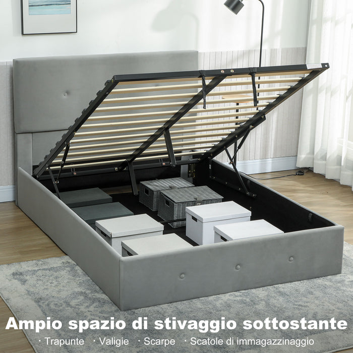 Letto a 1 Piazza e Mezza Contenitore 195x141x106 cm con Spazio a Scomparsa e Testiera Vellutata a Trapunta in Legno e