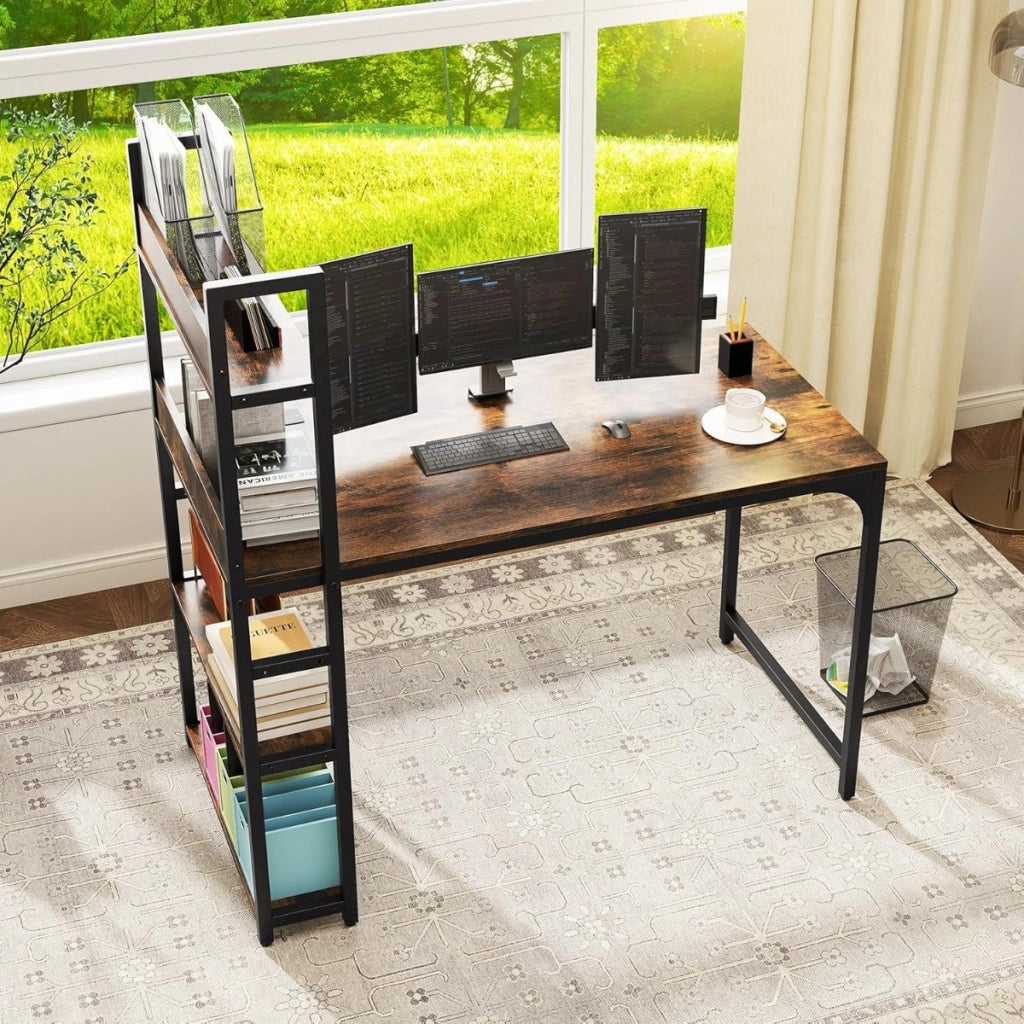 Scrivania per computer con ciabatta elettrica e 2 porte USB, Scrivania studio da 120 CM con mensola uscite AC  Rustico & Nero-Tavolini per laptop