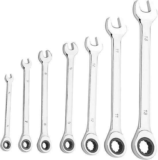 Set di chiavi a stella 7 pezzi - Chiave a stella - Chiave di morsa - Chiave di stecchimento - 72 denti - Acciaio Cr-V - Disegno a doppia faccia - Set di chiavi di morsa