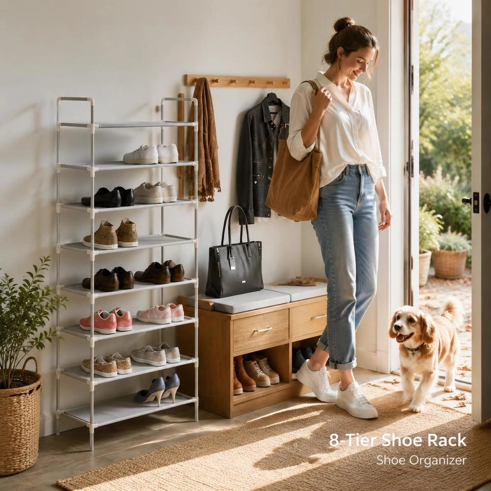 Shoe Rack With 8 Shelves, Metal And Non-woven Fabric, Silver