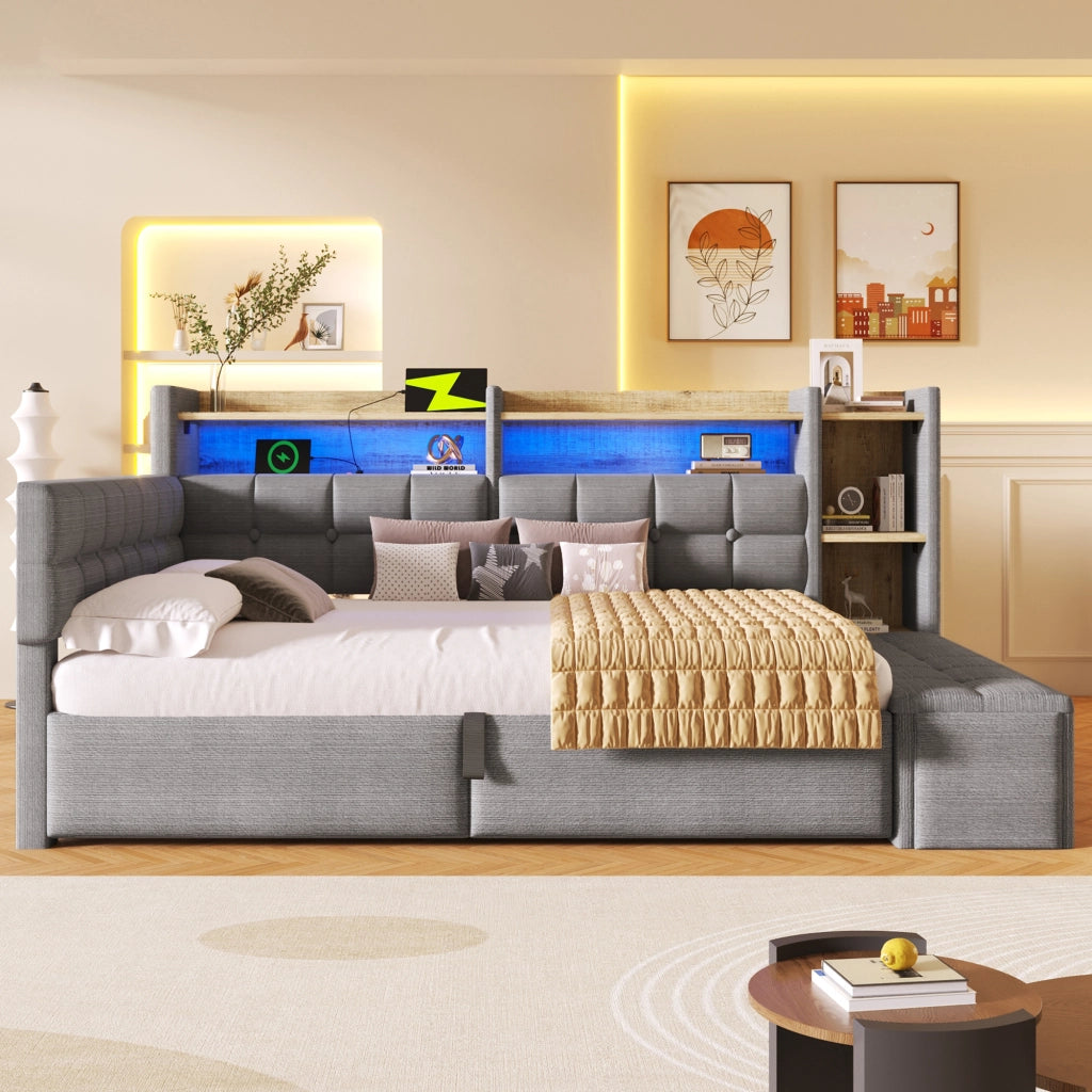 Daybed in velluto 140x200 cm con accumulo idraulico LED e USB-C - Grigio scuro
