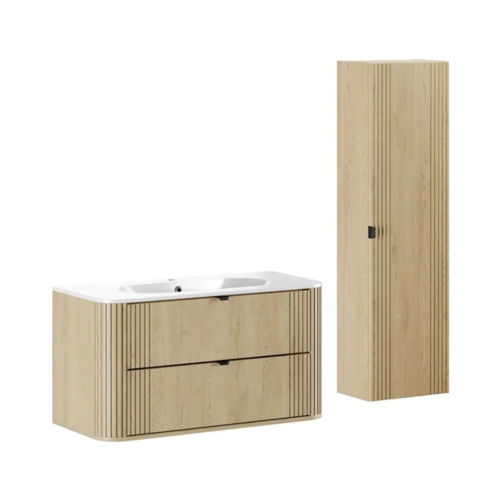 Set da bagno KORI: mobiletto sottolavabo 100cm + lavabo da incasso + colonna contenitore