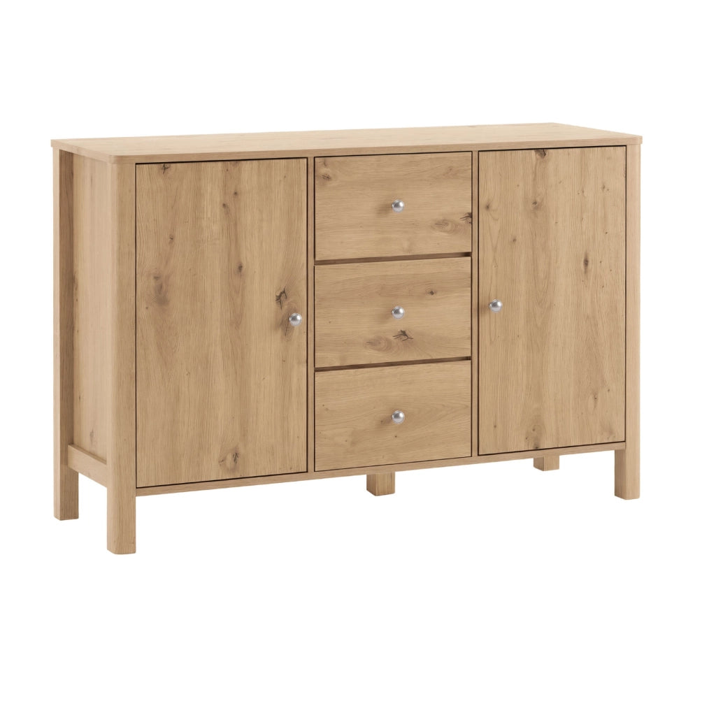 Credenza moderna con 3 cassetti e 2 ante 120 x 40 x 80 cm; effetto rovere; maniglie in metallo