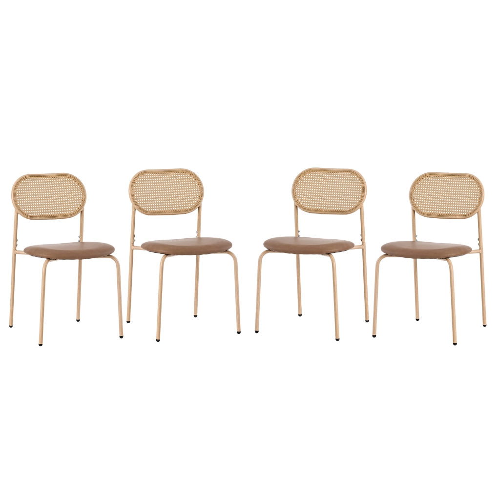 Set di 4 Sedie da Pranzo; Schienale Ovale in Rattan Naturale; Gambe in Metallo; per Sala da Pranzo; PU; Marrone