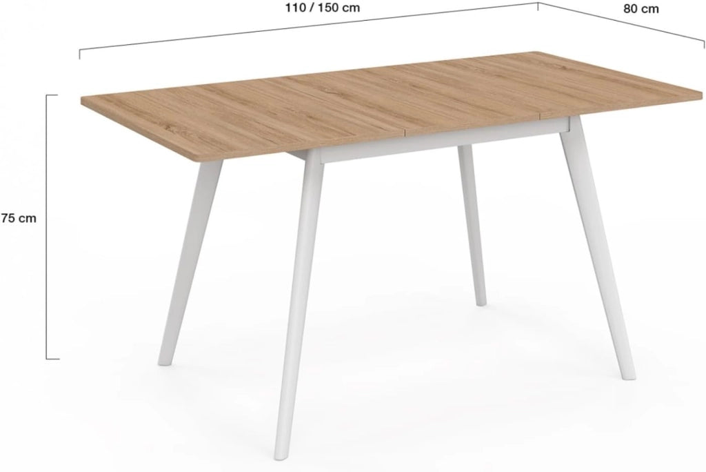 Tavolo rettangolare allungabile scandinavo INGA, 4-8 persone, piano in legno, gambe bianche 110-150 cm