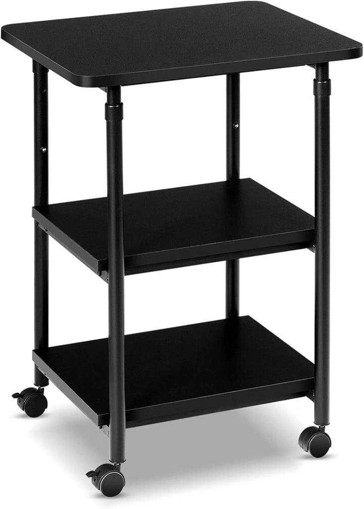 Carrello Supporto per Stampante, Scaffale Portaoggetti con Ruote, a 3 Ripiani, Ruote con Freni, Altezza Regolabile, Portata di 50 kg per Ogni Piano, 49x40x67-77 kg