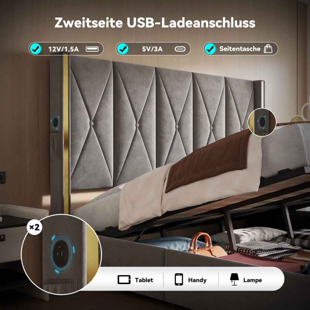LETTO imbottito 180x200 cm in velluto grigio scuro con testiera alta e LED