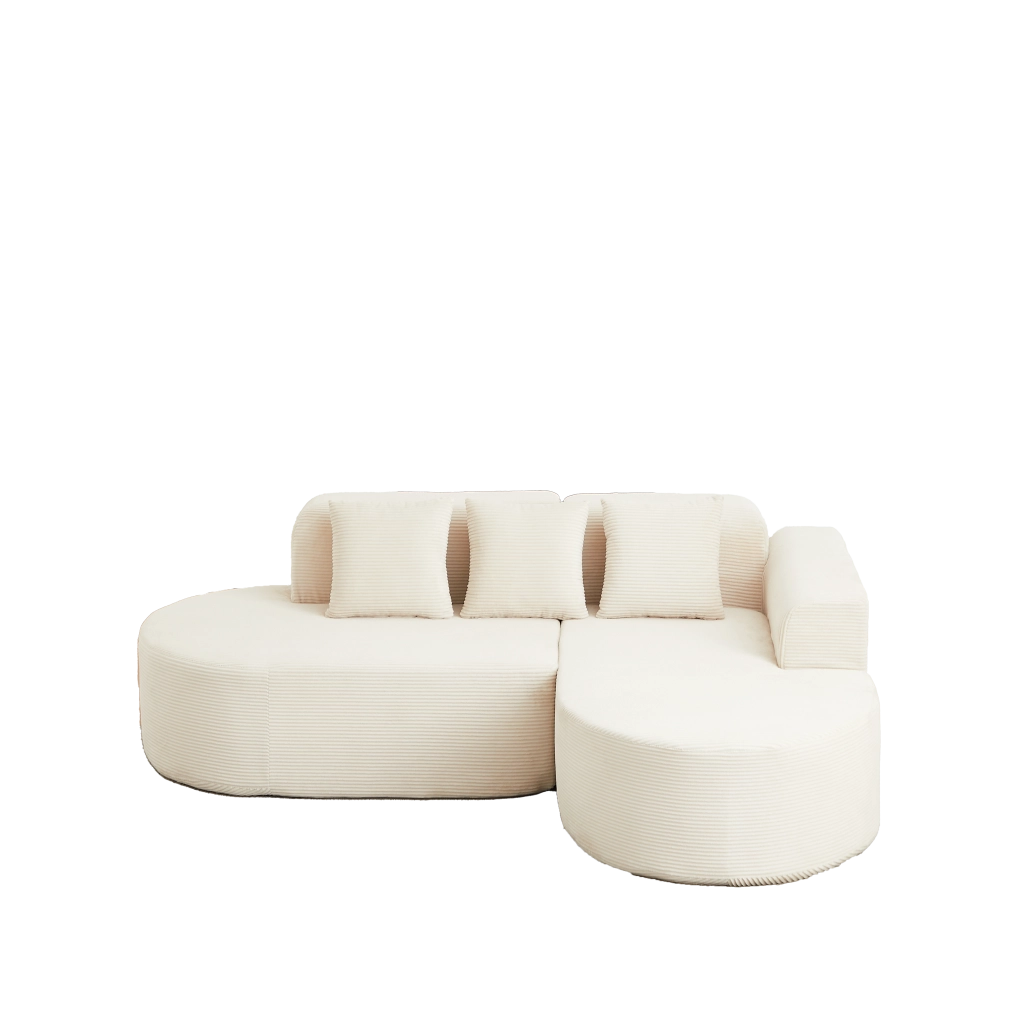 Divano angolare con chaise longue curva; in velluto a coste; beige 220 × 155 × 70 cm
