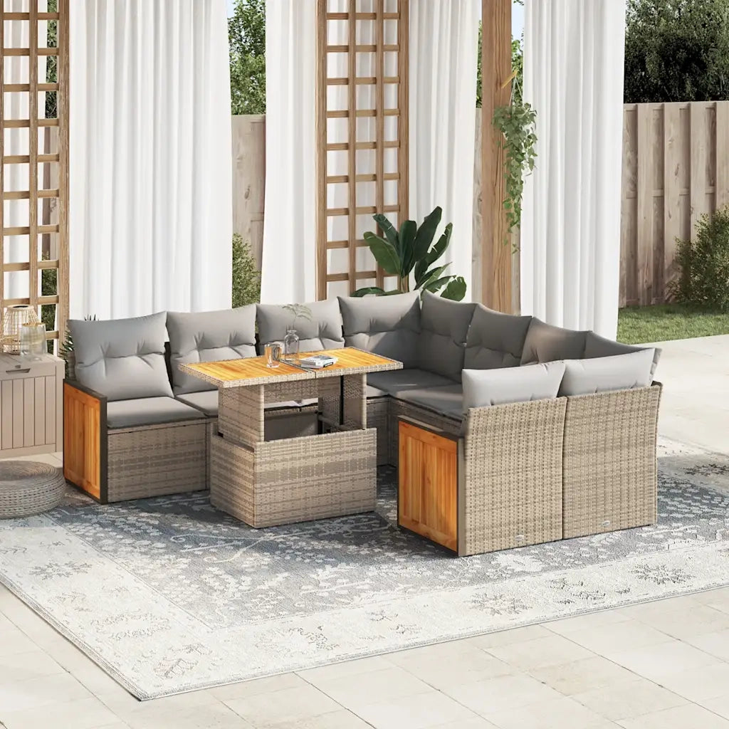 Set Divano da Giardino 9 pz con Cuscini Beige Polyrattan Acacia
