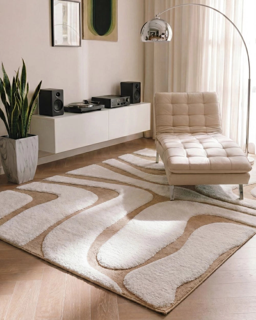 Tappeto da Soggiorno Beige e Bianco Jacquard 160 x 230 cm a Pelo Alto Rettangolare in Poliestere con Retro Antiscivolo Stile Moderno