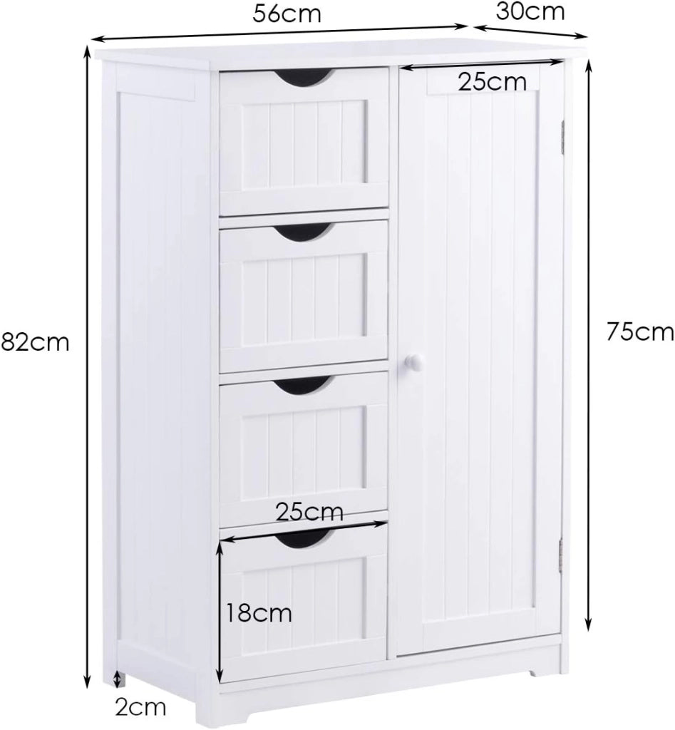 Armadietto Bagno Spazioso, con 4 Cassetti Scorrevoli, Anta Magnetica, Ripiano Regolabile, Mobiletto Multiuso, Carico Massimo di 70 kg, 56x30x82 cm, Bianco