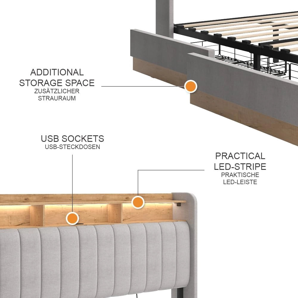 Letto imbottito Nura, Grigio, 180x200 cm con 4 cassetti, con porta di ricarica USB, illuminazione LED e telecomando
