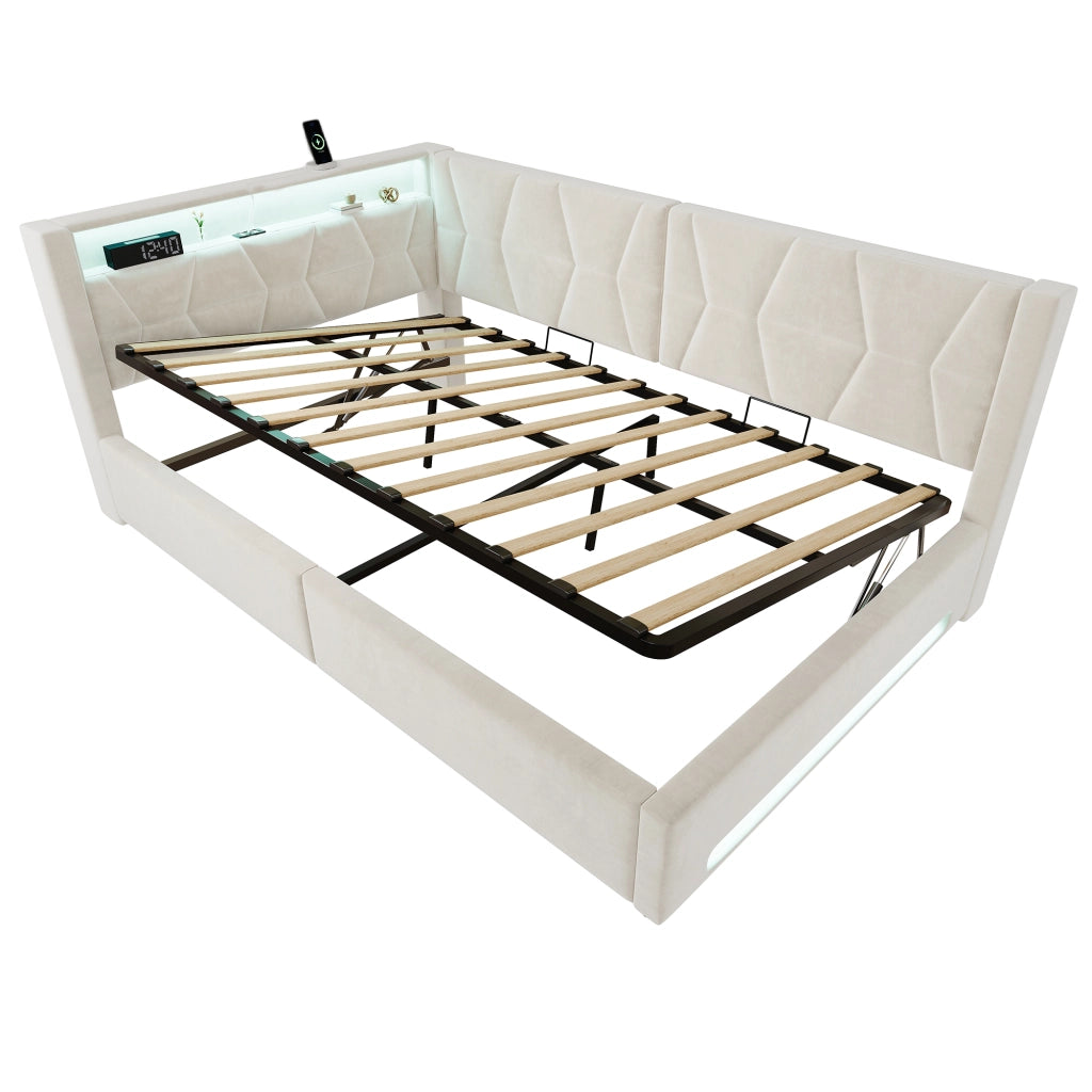 LETTO Contenitore 140x200 cm Velluto Beige con USB, Type-C e LED