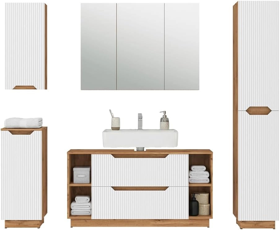 Set di mobili da bagno Lotta, Rovere/bianco a strisce, 5 parti