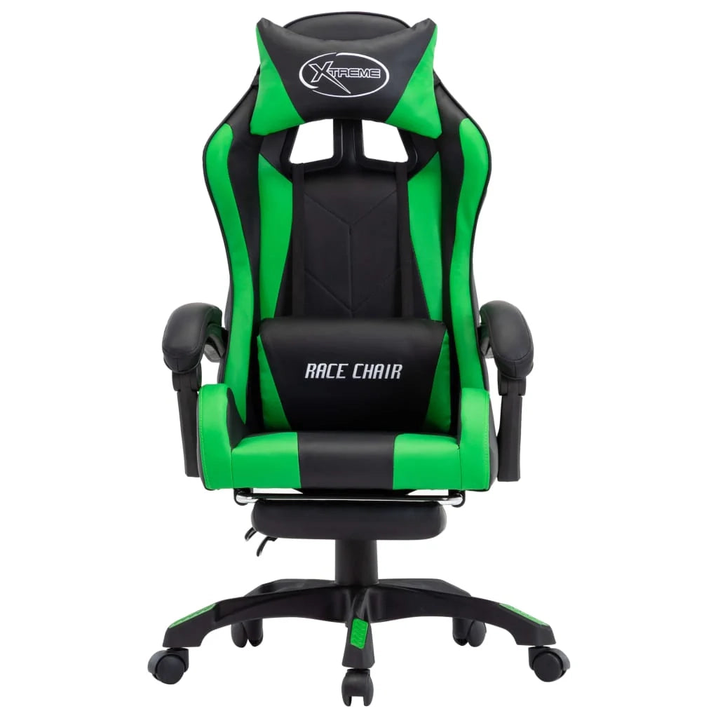 Sedia girevole da ufficio/studio per uso computer videogiochi con poggiapiedi e similpelle verde 02_0024221
