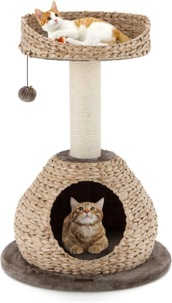 Tiragraffi per Gatti Piccoli, Tiragraffi Gatto con Cuccia, Piattaforma, Pallina e Palo Tiragraffi in Sisal Naturale, Albero Tiragraffi da Divano, Salotto e Camera da Letto, 48 x 48 x 70,5 cm