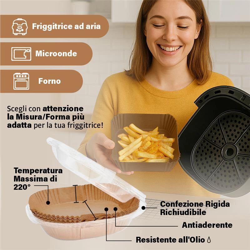 PERFECT HOUSE CARTA PER FRIGGITRICE AD ARIA CONFEZIONE RICHIUDIBILE RIGIDA QUADRATO 50PZ 20X20X4,5 CM