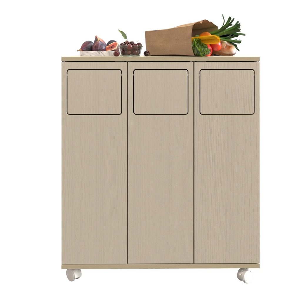 Armadio porta rifiuti a 3 scomparti su ruote, effetto legno chiaro, 69,3x35x80 cm