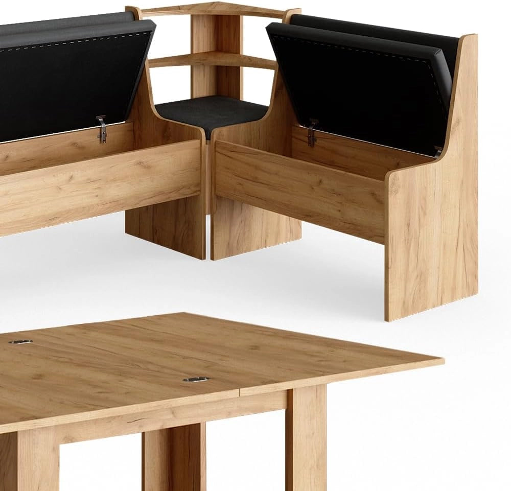 Gruppo panca ad angolo Roman, Quercia dorata, 150 x 120 cm con tavolo, adatto per il posizionamento ad angolo in cucine e sale da pranzo