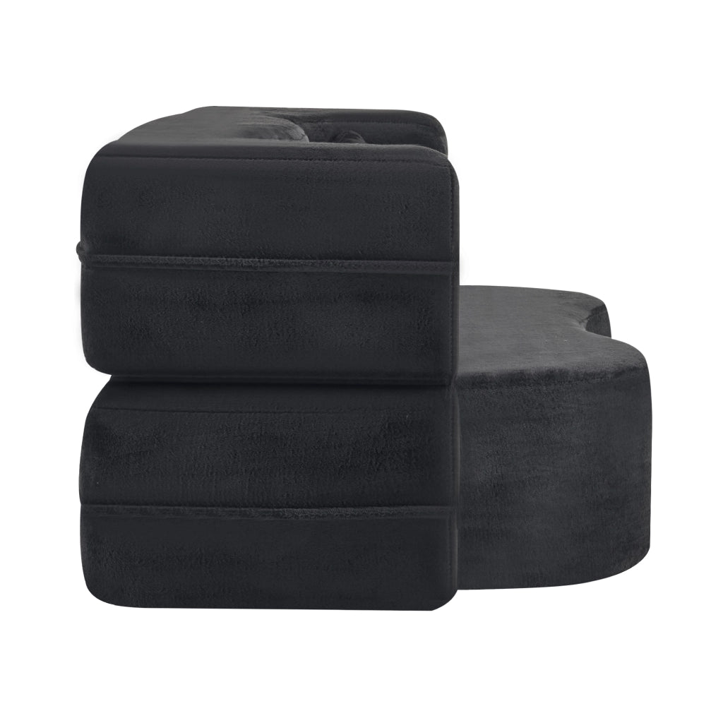 Divano letto pieghevole futon in schiuma con 2 cuscini e rivestimento in peluche corto nero 34 × 34 × 124 cm